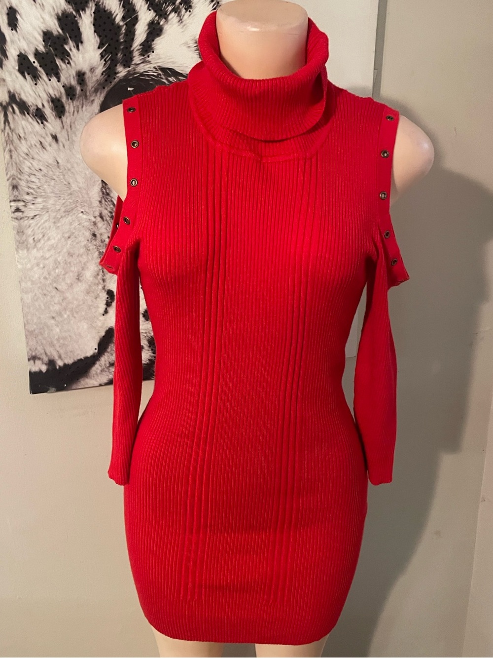 No comment Cold-Shoulder Turtleneck Ribbed Sweater Dress - Red winter staple 1X